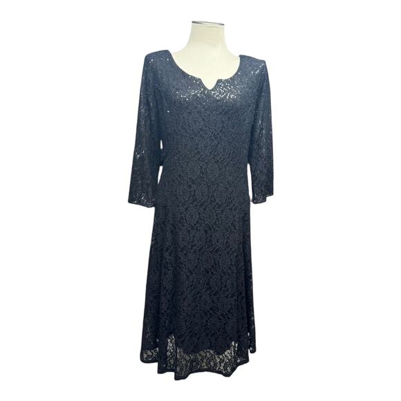 SLNY Knee Length Sequin Lace 3/4 Sleeve Dress Black 20W - Picture 1 of 7